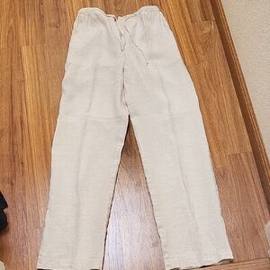 Talbots Light Cream Linen-Blend Wide Leg Drawstring Pants